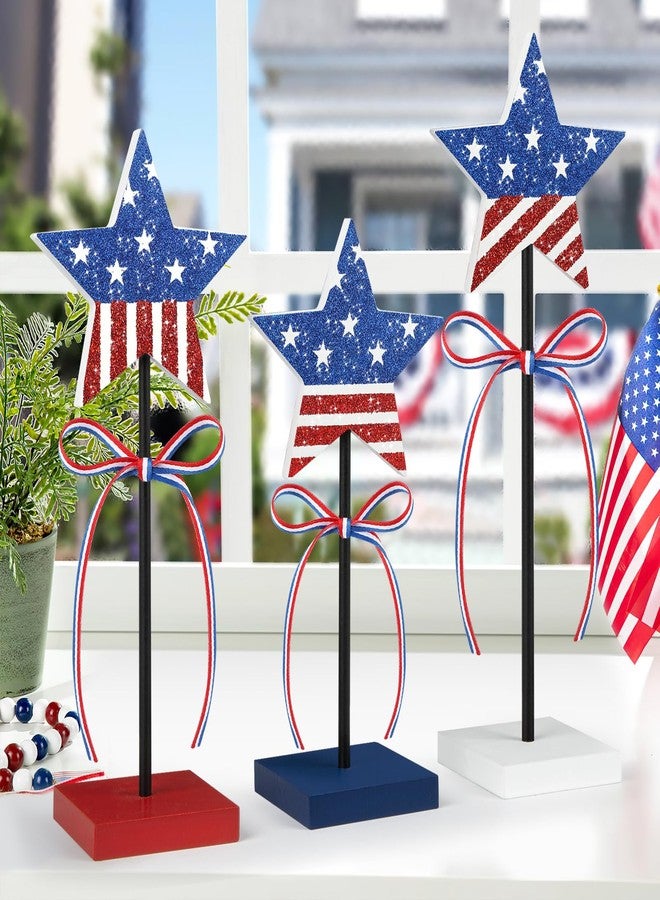 Sereliy 3 PCS Veterans Day Table Decorations Wooden Star Set, Rustic Patriotic 4th of July Tiered Tray Decor, Red White and Blue Decorations Veterans Day for Home (Stripe) - Image 2